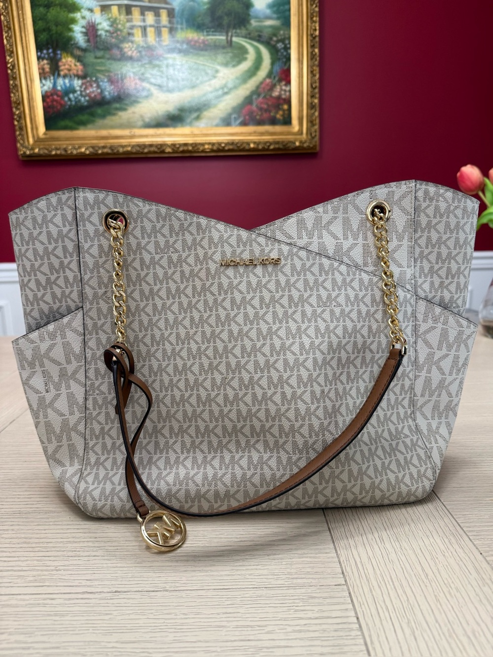 Michael Kors Signature MK Logo Tote in Vanilla/Light Brown with Gold Hardware